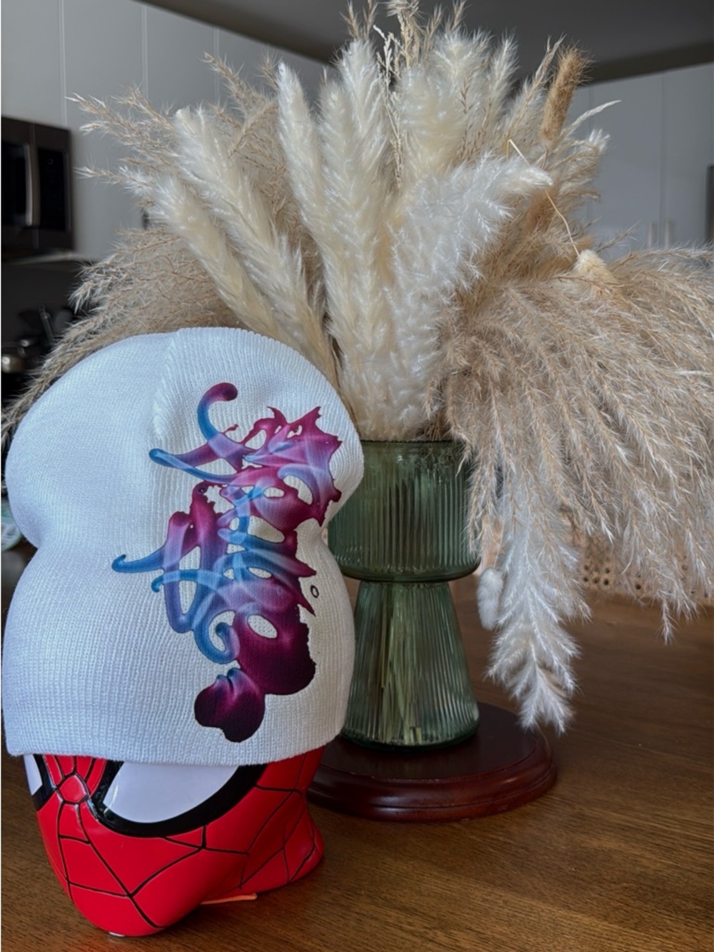 White Beanie with Pink & Blue Abstract Print